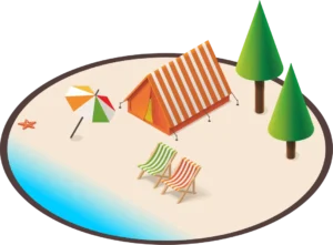 3d beach logo hut chairs and tent isometric